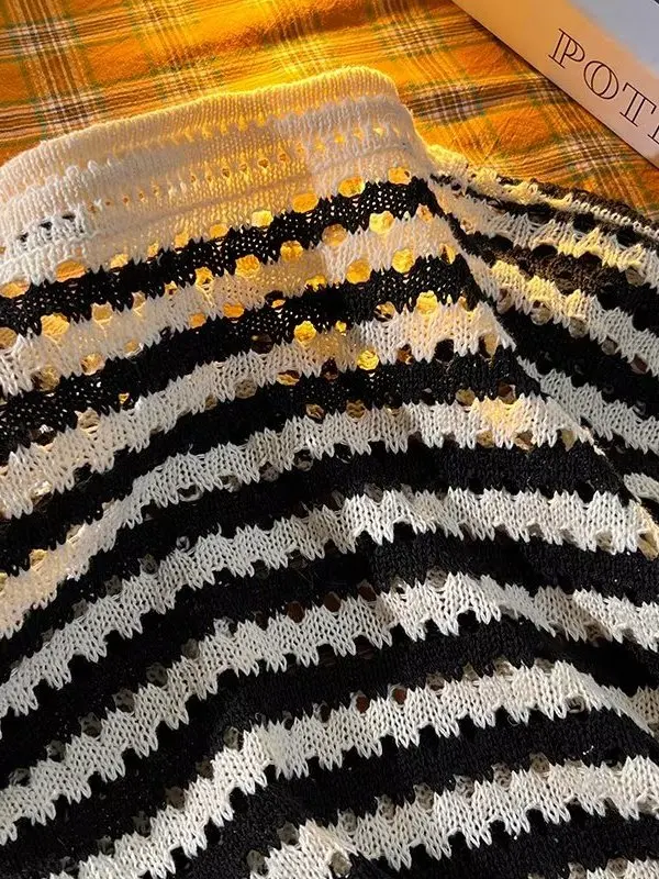 

Autumn Winter Men's Knitted Open Cardigan Hollow Design Casual Lazy Sle round Ne Sweater Trendy Striped All-Match Loose Fit