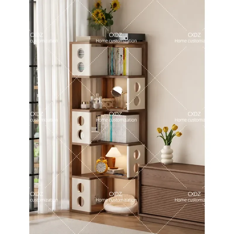 Solid Wood Bookshelf Wall Mounted Corner Narrow Bookcase for Living Room Bedside Floor Shelf 90 Degree Right Angle Space