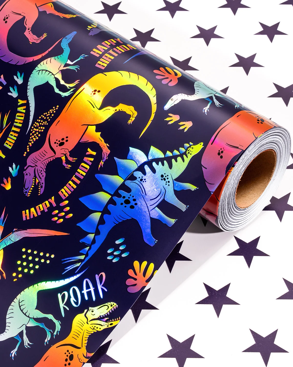 Dinosaur Birthday Wrapping Paper 43cm x 10m - Reversible Blue Stars Gift Wrap Paper Roll for Kids Boys,Baby Shower, Fathers Day