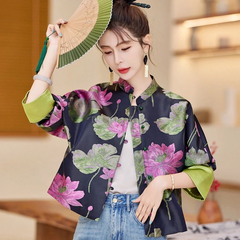 New Chinese-style national trend women's jacket spring autumn short version tang suit top elegant high-end printed vintage coat
