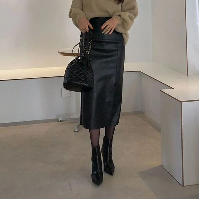 Black Pu Faxu Leather Women Wrap Skirts Side Slit High Waist Sexy Slim Bodycon Sheath Office Lady Front Split Pencil Skirts