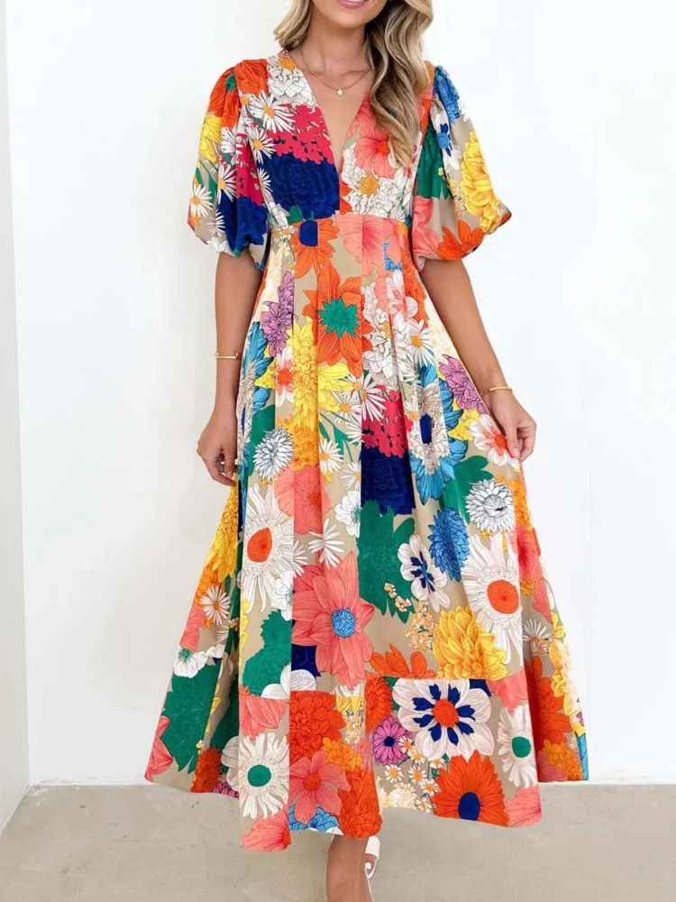 

Lady Fashion Floral Print Dress Elegant V Neck Puff Sleeve High Waist Loose Dresses For Women Casual Holiday Party Skirt Clothes