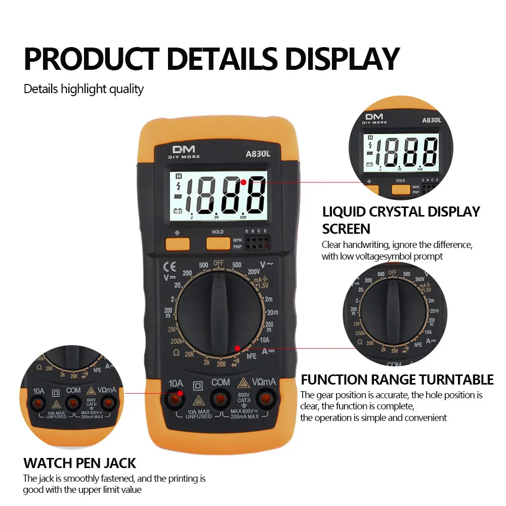 A830L LCD Digital Multimeter AC DC Voltage Diode with Buzzer Function Freguency Multitester Current Tester Luminous Display