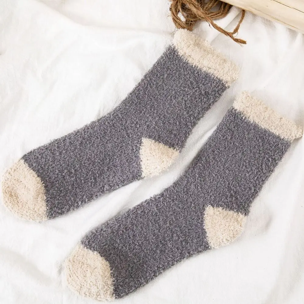 5Pairs Cute Thickened Coral Fleece Socks Patchwork Winter Floor Plush Socks Hosiery Simple Warm Boat Socks Women Winter