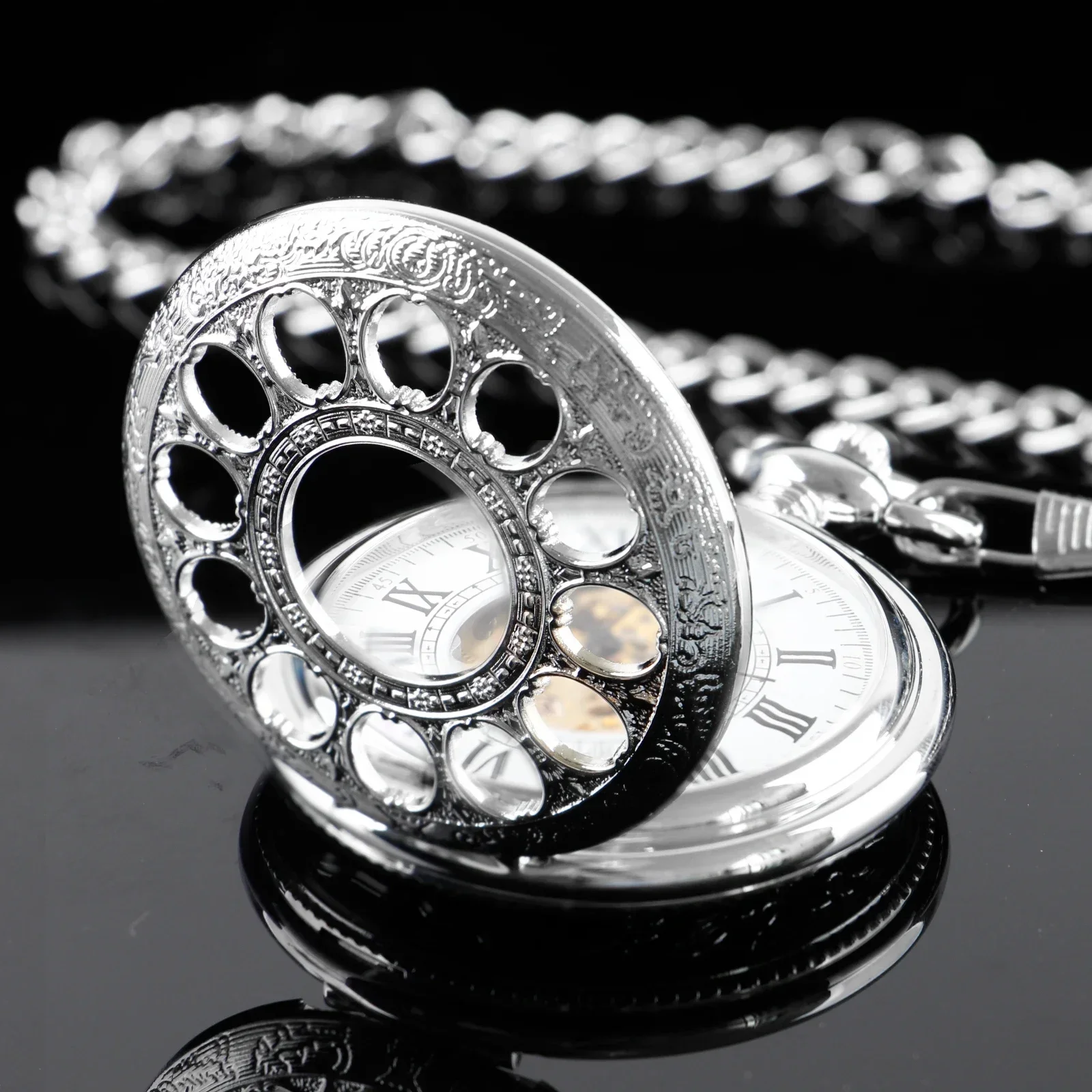 Silver Roman Numerals Vintage Skeleton Mechanical Pocket Watch For Men Women Hand Wind Pocket & Fob Watches Half Hunter