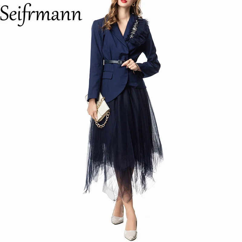 

Seifrmann Spring Summer Women's Suit Turn-Down Collar Crystal Long-Sleeved Coat+Simple Skirt Solid 2-piece set
