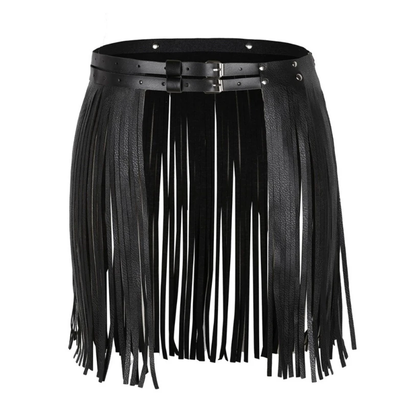 

Women Punk PU Leather Skirt Fringed Tassels Double Buckled Waist Belts Party Dance Costume Hip Scarf Wide Waistband 066C