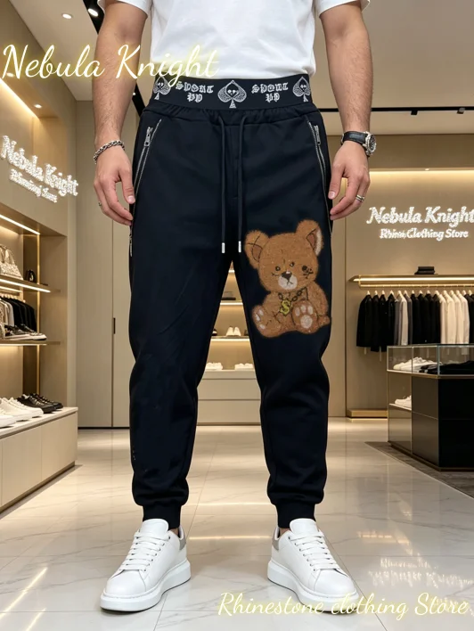 

Summer Fashion Men Daily Jogger Pants Luxury Rhinestone Elastic Waist Sweat Trousers With Zipper Pocket Streetwear Casual Wear