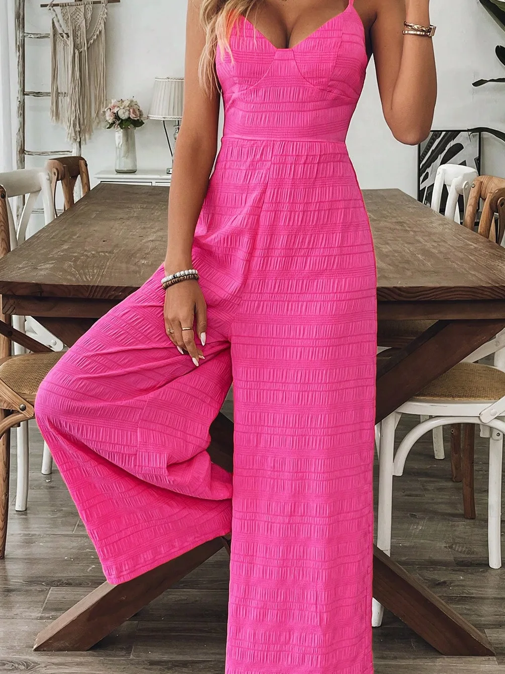 

Женский модный однотонный комбинезон с широкими штанинами и завязками на бретельках, длинные брюки с высокой талией, весенний тонкий полиэстер