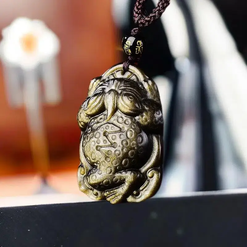 Golden Obsidian Frog Pendant Necklace Stone Charm Gift Carved Gemstone Real Jewelry Gifts for Women Men Natural Accessories