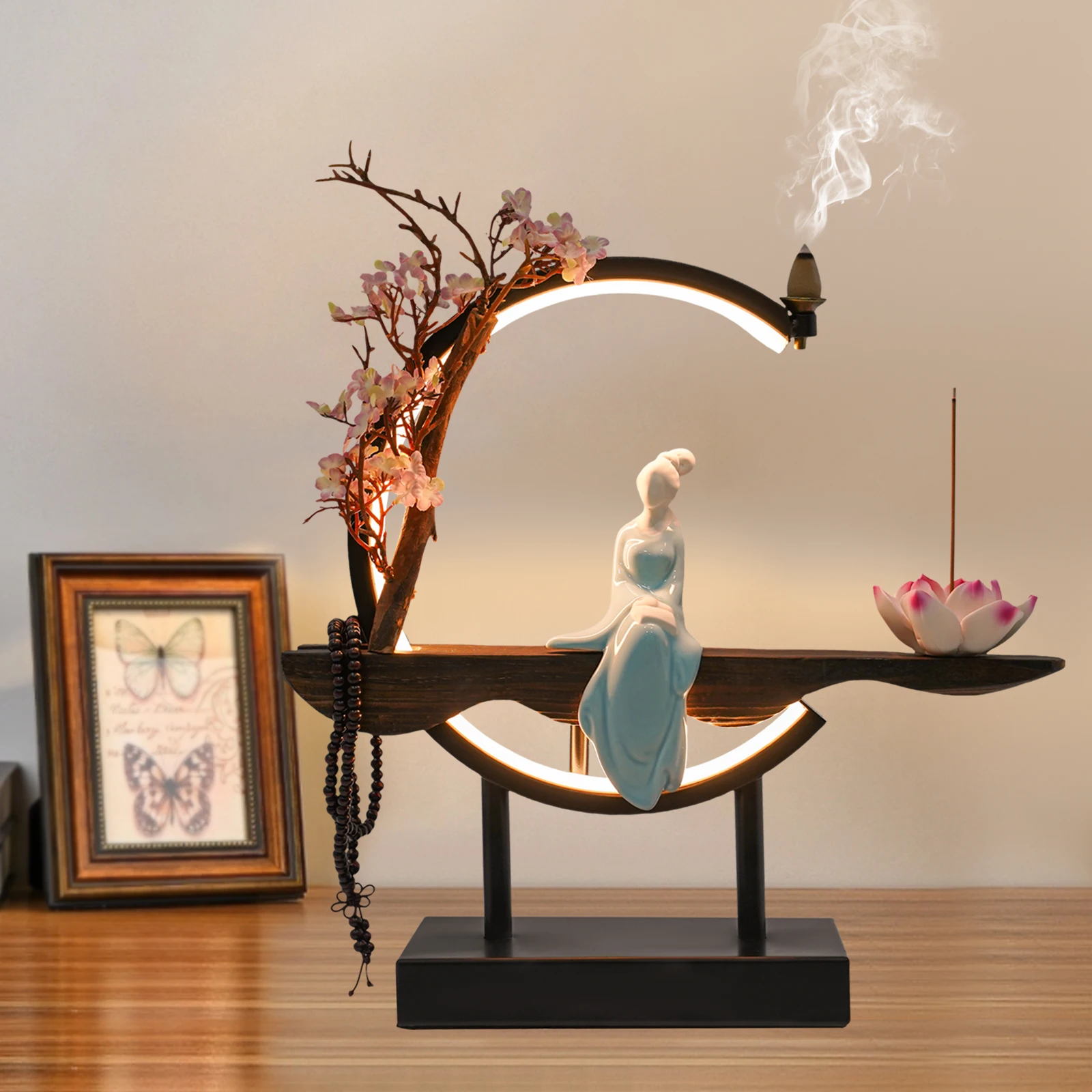 Retro Backflow Incense Burner Incense Cone Sticks Holder Porcelain w/LED Light Aromatherapy for Home Office Decor Good Gift