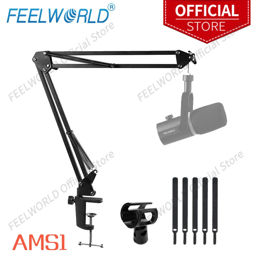 FEELWORLD AMS1 Adjustable Microphone Scissor Arm Stand Desktop Mic Clip Holder Tripod Live Cantilever BracketExtendable