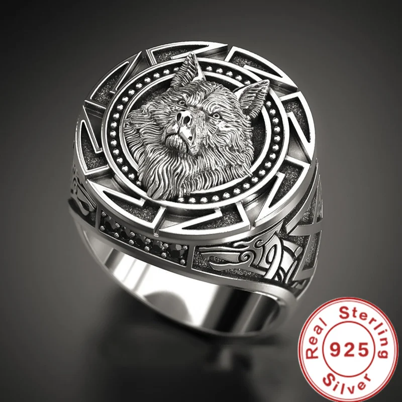 Pierścionek ze srebra próby 925 Retro Wolf Totem Tajski srebrny pierścionek Męski pierścionek z głową wilka wojownika
