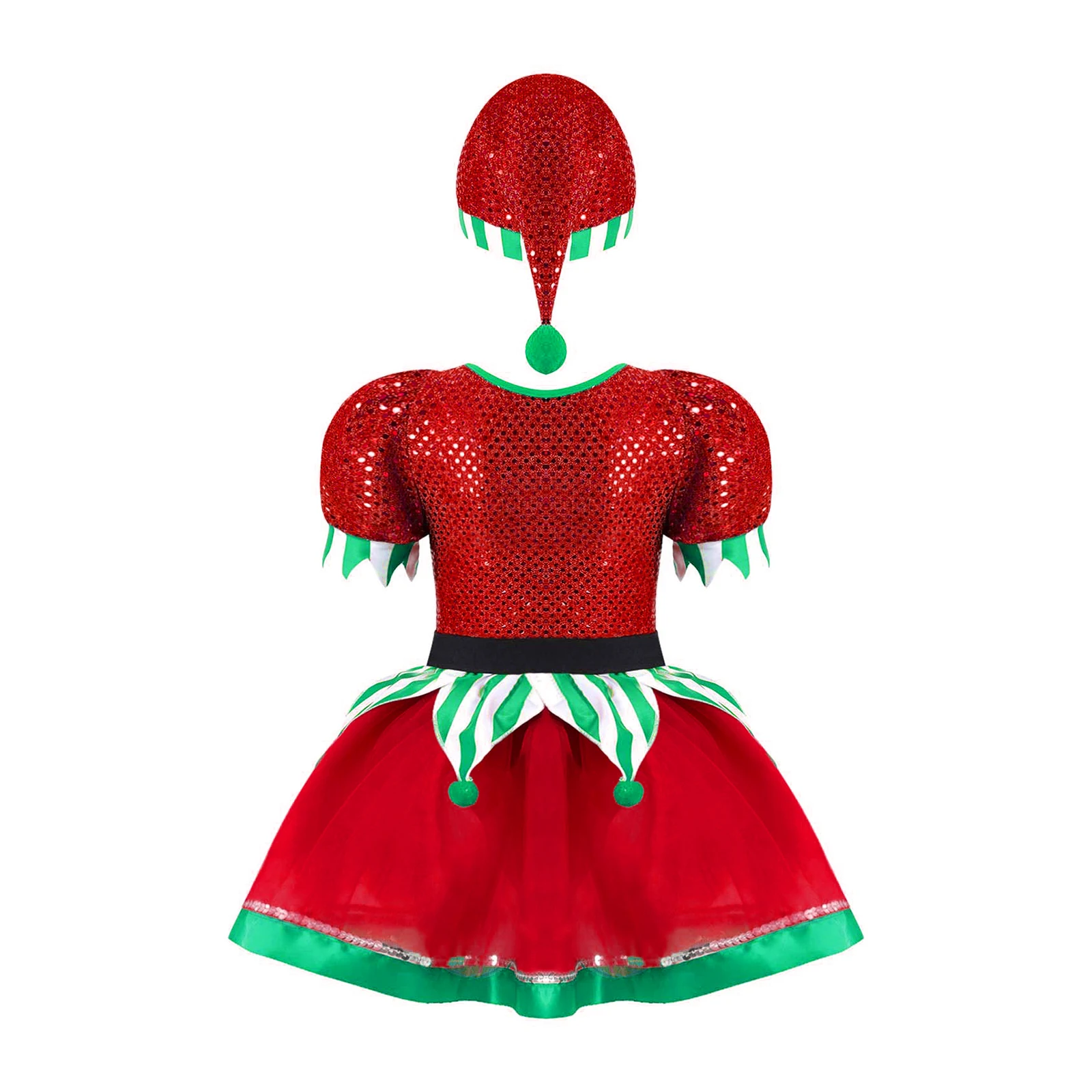 Girls Christmas Elf Cosplay Costume Ballet Tutu Sequin Mesh Leotard Dress Xmas New Year Festival Performance Outfit for Children