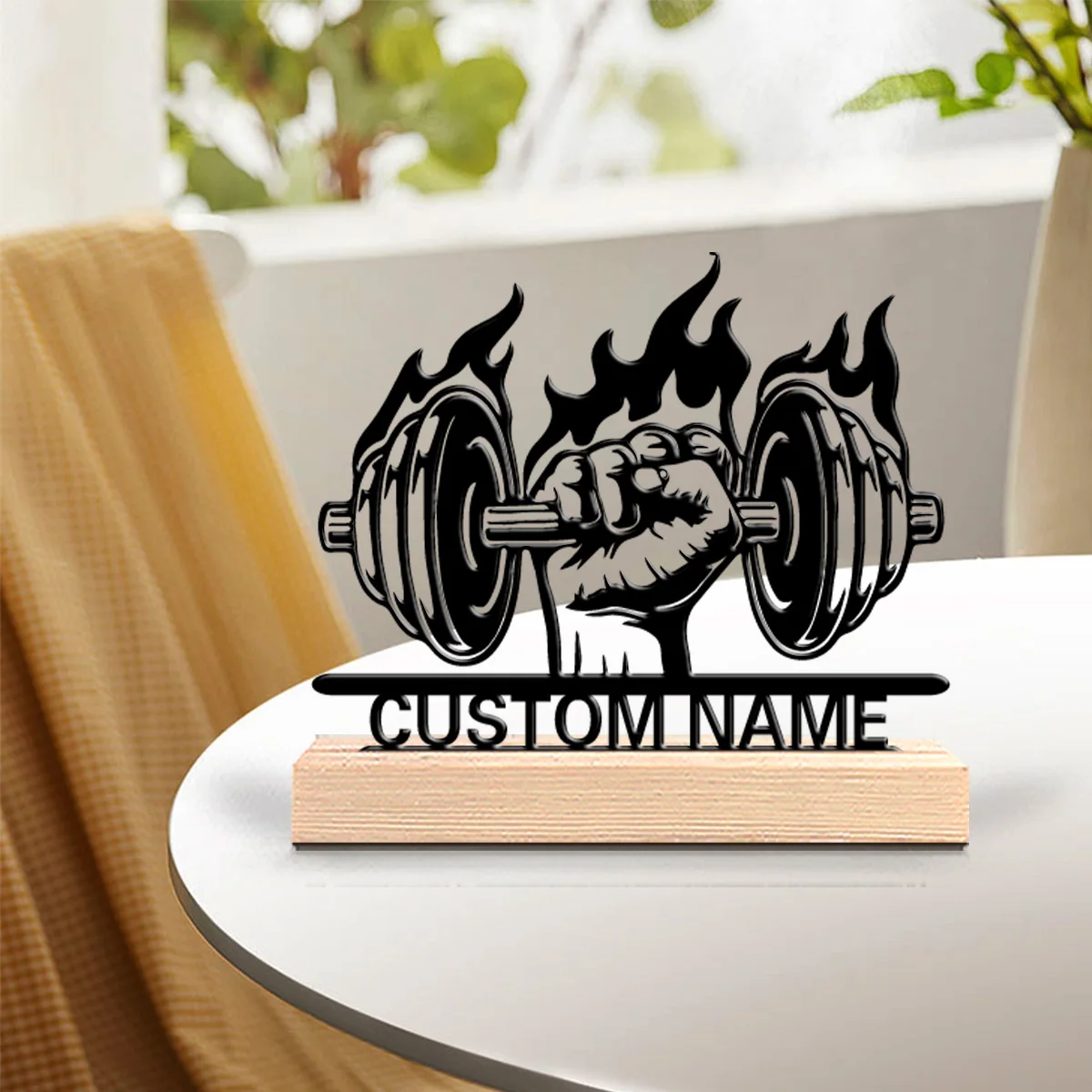 1 Stück neues Design, personalisierte individuelle Hantel-Fitness-Metallstatuen, Übungsbegeisterte mit Holzsockel, Geschenke für Männer, Geburtstage