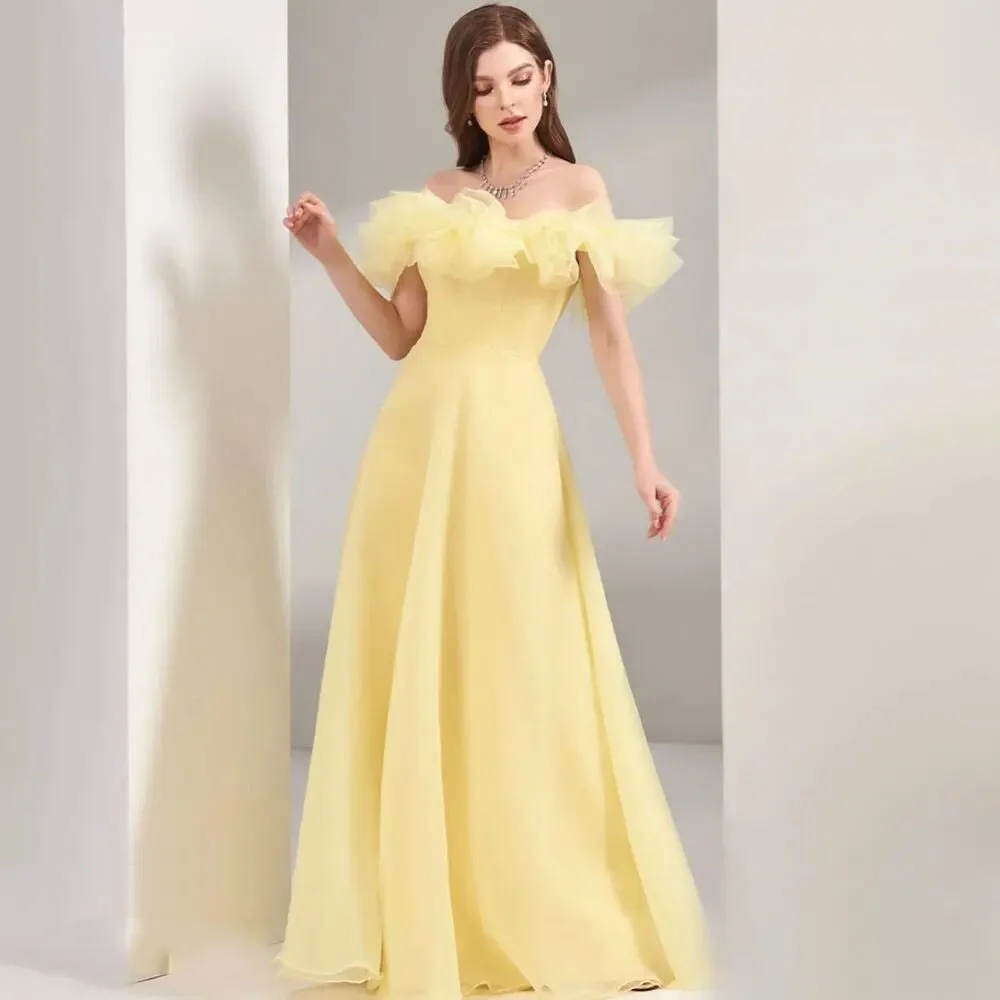 Boat Neck Saudi Prom Dress Short Sleeves Evening Dress With Floor-Length Women Wedding Party Gowns 2023 Arabia ML-065