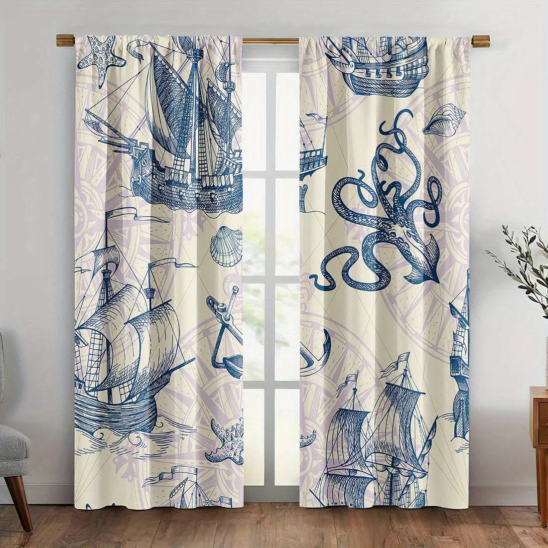 Trendy Nautical Ship Blueprint Curtain Drapes Coastal Ocean Sea Beach Starfish Line Art Window Decor Home Living Room Bedroom Wi