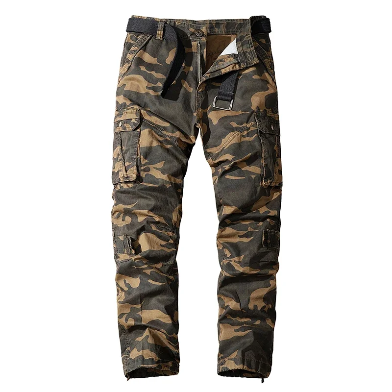 Macacão lavado de bolso múltiplo masculino, calça casual reta de algodão, calça de carga masculina, calça comprida camuflada