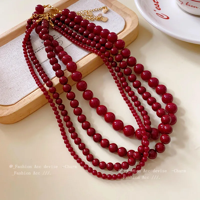 Red Round Glass Bead Necklace Retro Collarbone Chain Accessories for Women