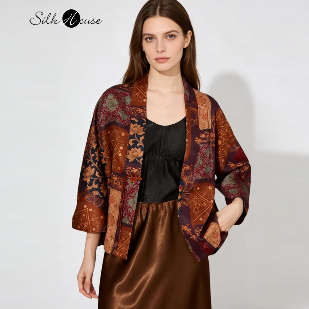 Women's Fashion Spring Clothing 100%Natural Mulberry Silk Fragrant Cloud Yarn One Button V-neck Three-quarter Sleeve Tea Costume