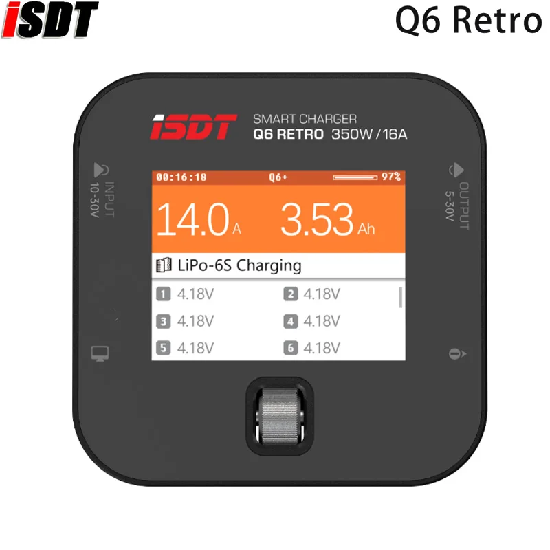 ISDT Q6 Retro 350W 16A DC Lipo Battery Balance Charger Discharger for 2-6S Digital Battery Li-Po Li-Hv Li-Ion Li-Fe NiMH Ni-Cd