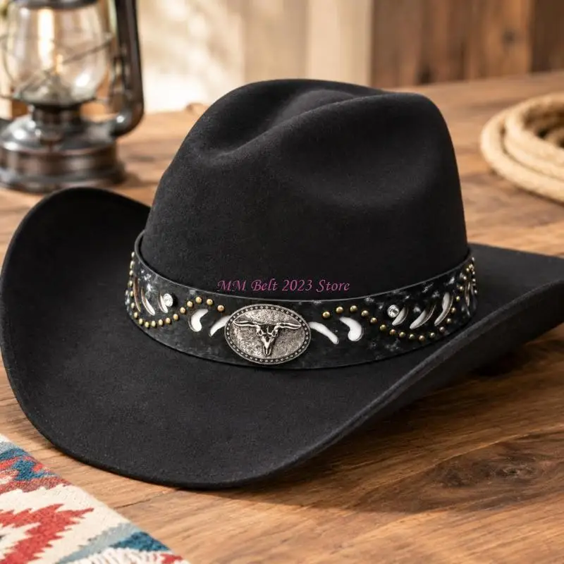 49ME Removable Western Hat Accent with Distressed Texture, Cutout Pattern, Metal Trim, and Adjustable Rear Cord Tie Closure