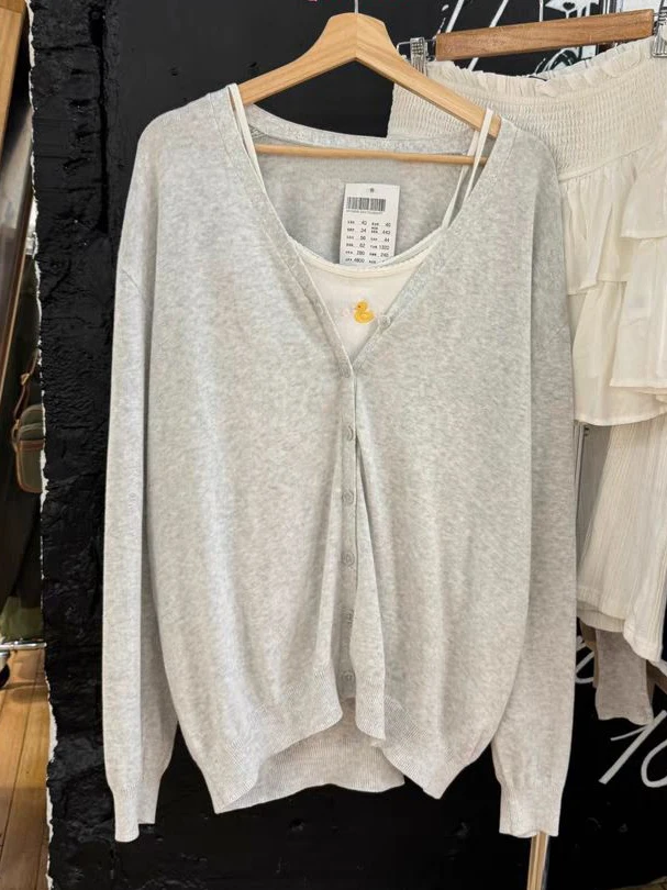 Gray Sweater Cardigan Woman Autumn V-Neck Single Breasted Cotton Long Sleeve Coat Solid Simple Sweet All-match Sweaters Y2k New