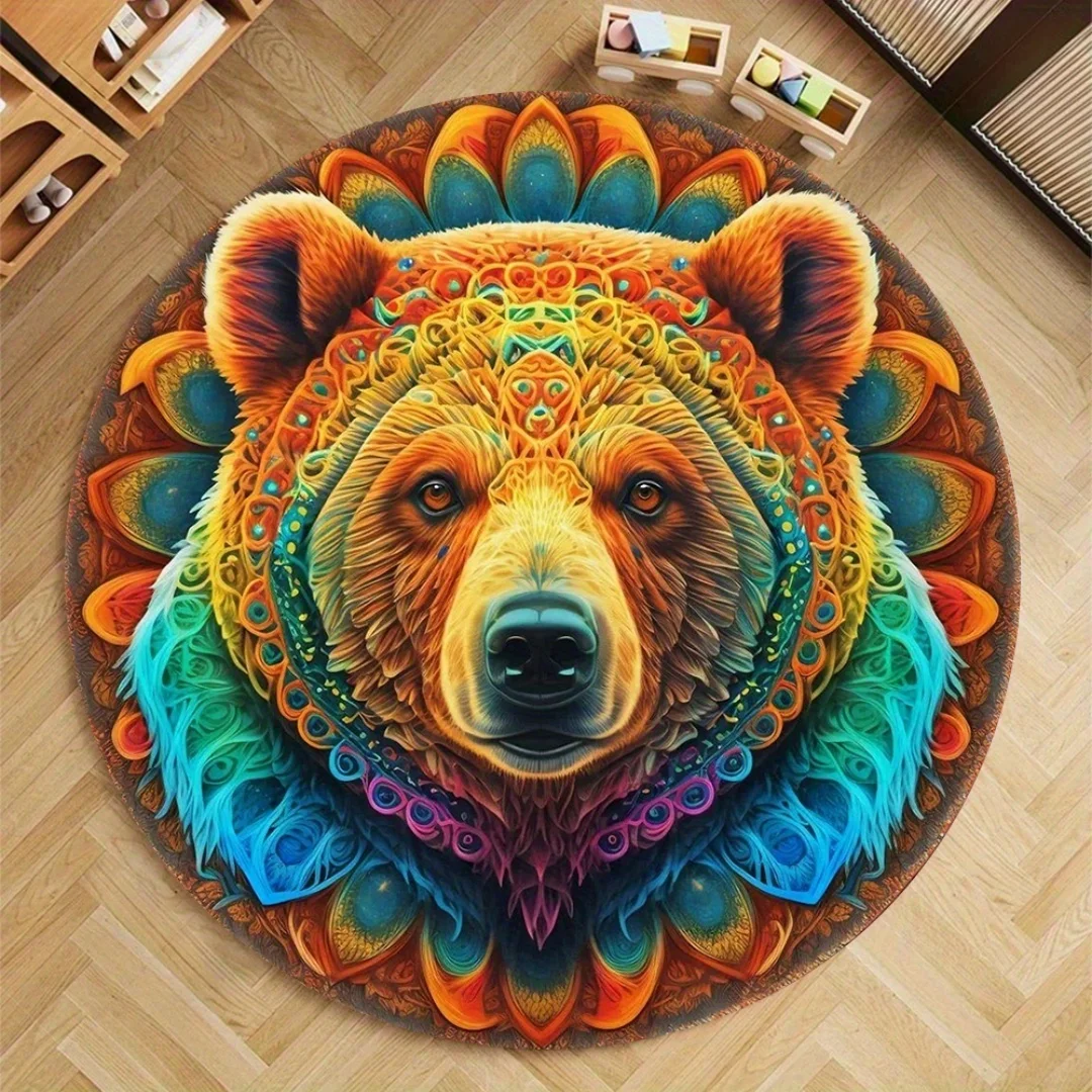 

Круглый коврик Mandala Bear из полиэстера, нескользящий напольный коврик с ярким цветочным узором, идеально подходит для ковра в гостиной