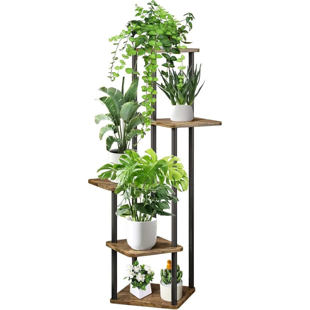 5 Tier Wood Tall Plant Stand Metal Rack Indoor, Multiple Flower Pot Holder Shelves Corner Rack, Planter Shelf Display Rack Stora