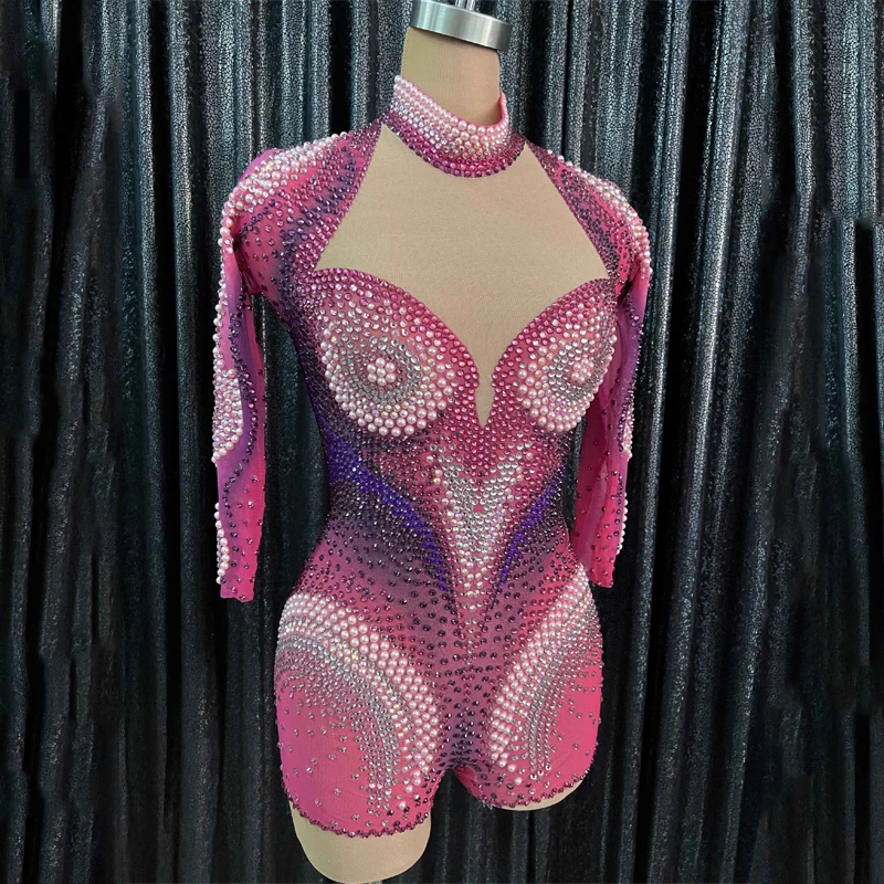 

Luxury Birthday Outfit Women Singer Pink Pearls Bodysuit Dance show Club Romper