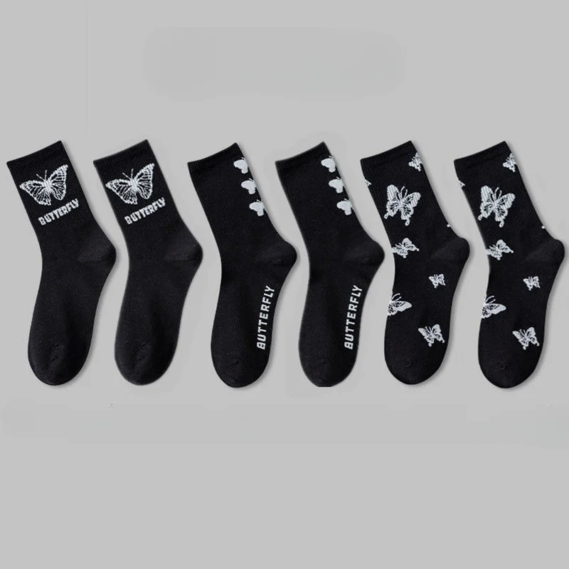 3 Pairs New Women Kawaii Cotton Butterfly Socks Female Lady Black White Harajuku Middle Tube Cartoon Socks For Women