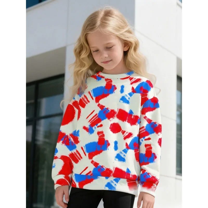سويت شيرت كاجوال للأطفال موديل 2025 برقبة دائرية - قميص بأكمام طويلة مطبوع عليه رسومات فنية تجريدية باللونين الأحمر والأزرق للفتيات والفتيان #4