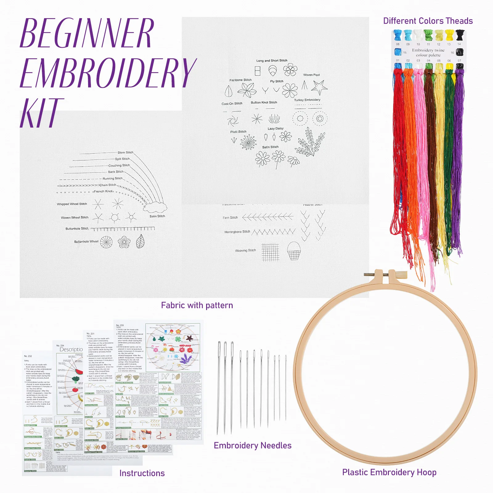 

1Set Embroidery Kit for Beginners All-in-One DIY Hand Stitching Material Set with Frame Needles Threads and Step-by-