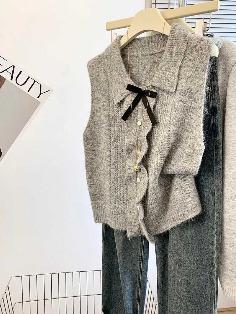 

Retro Collar Knitted Vest Women Early Autumn Outfit Knot Svel Small Top Outerwear Polyester Fiber 00%