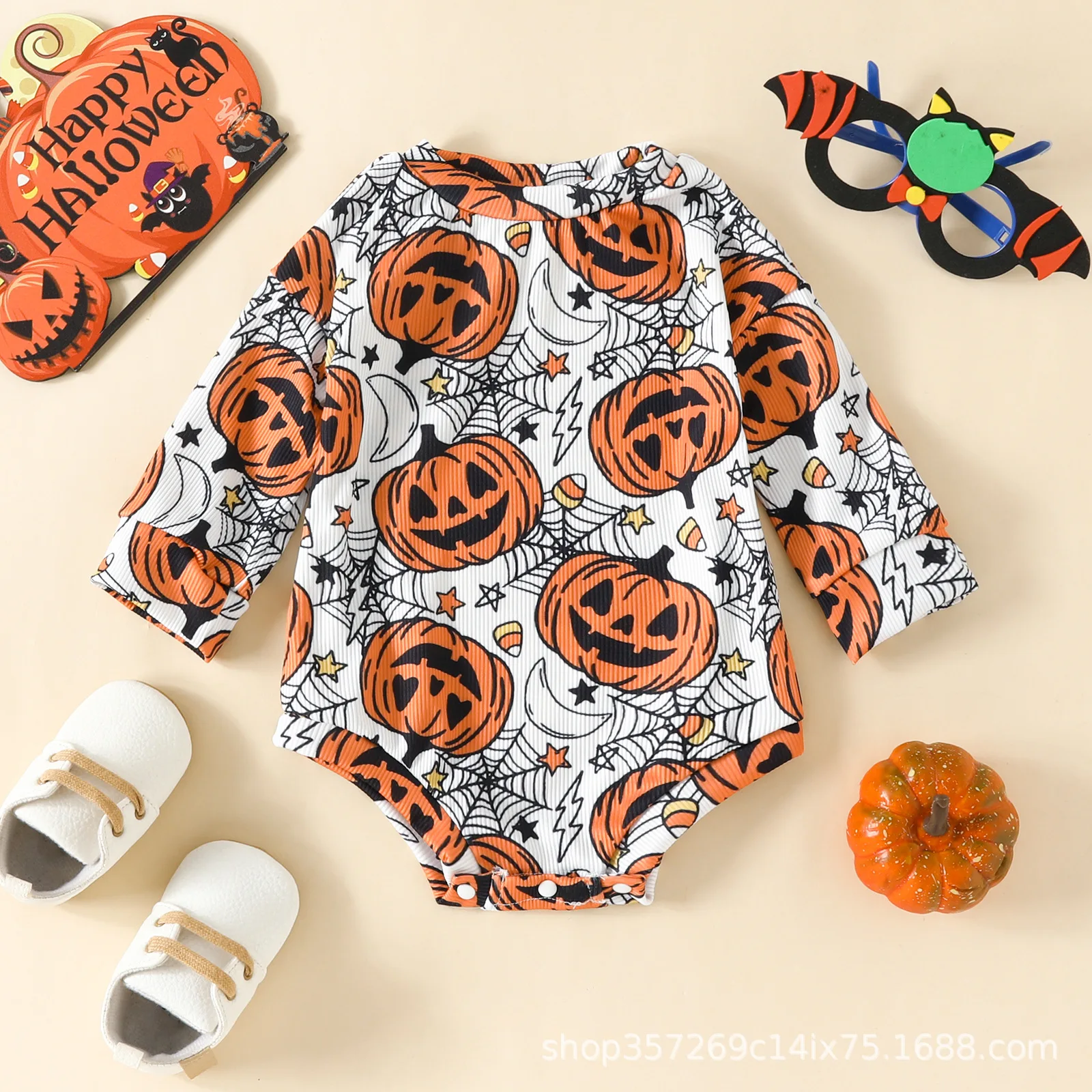 Cotton  Baby and Toddler Climbing Suit Pullover Jumpsuit Halloween Pumpkin Print Off Shoulder Sleeve Climbing Suit