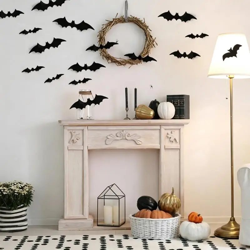 A52E Mixed Size Bat Wall Decorations for Halloween with Foldable Detail, Plastic Cutouts for Room Decor, Photo Areas and Display