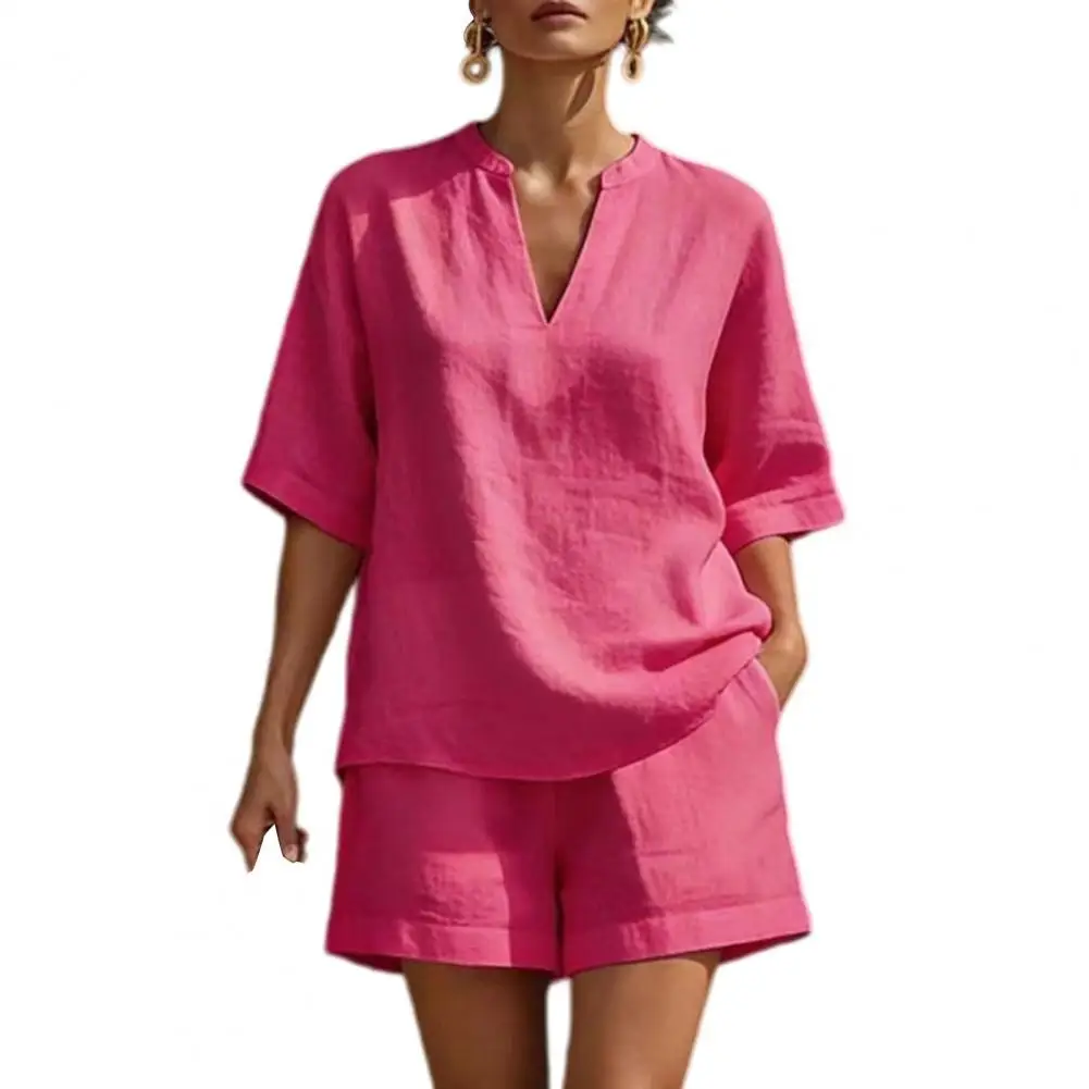 Spring Summer Bohemian Vacation Beach Outfit Sexy V Neck Short Sleeve Loose Top Women 2 Piece Outfit Summer Short Pullover Top