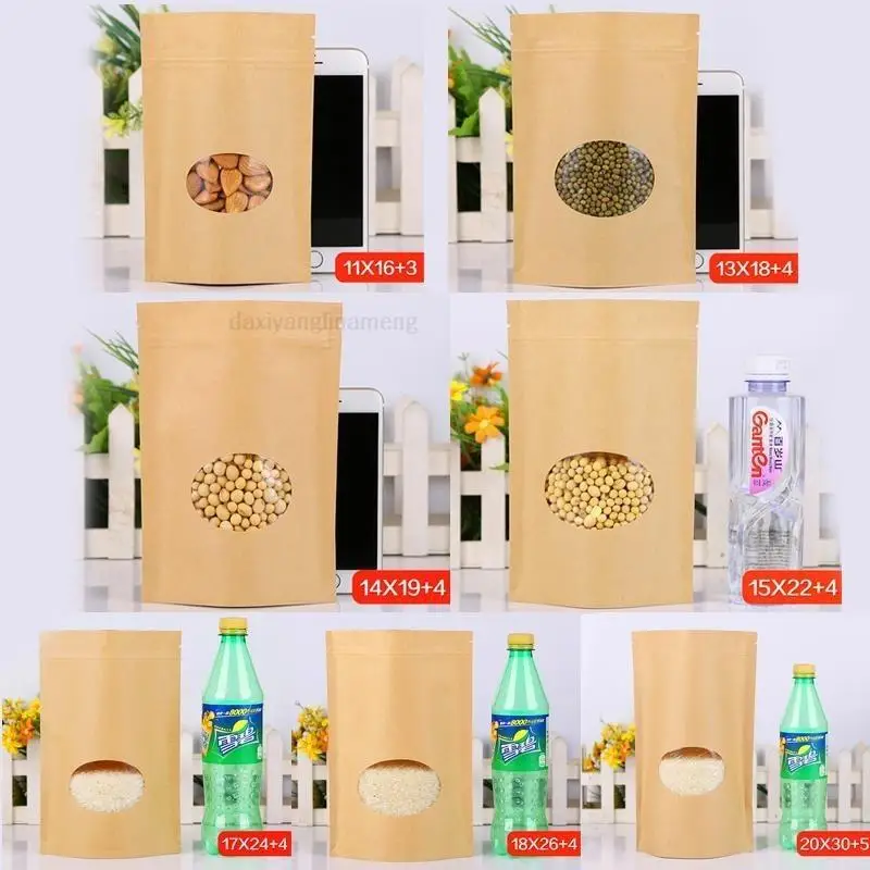 

100pcs/lot 8 Sizes Kraft Paper Zipper lock Bag Self-opening Round Window Tea Melon Seeds Dried Fruit Food Plastic Gift Bags