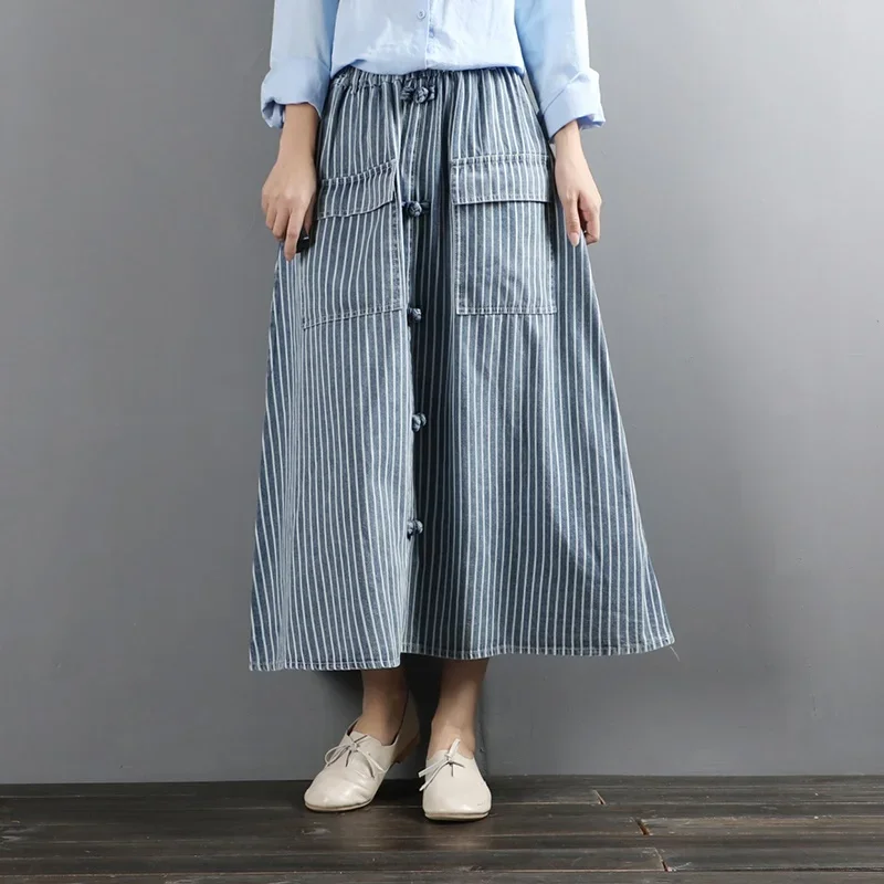 Rok denim Vintage untuk wanita, rok jeans pinggang tinggi wanita, rok A-line retro berkancing, Rok midi ukuran plus 10194