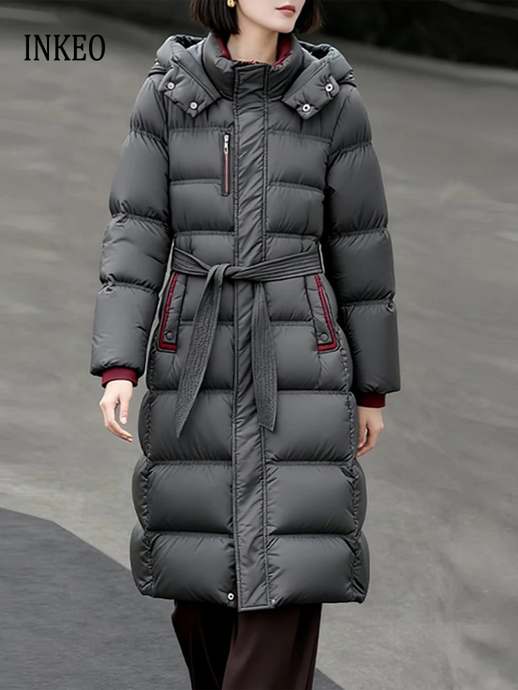 

Elegant Long down jacket with hooded women's 2026 Winter High quality warm puffer coat with sashes Female outwear INKEO DJ640