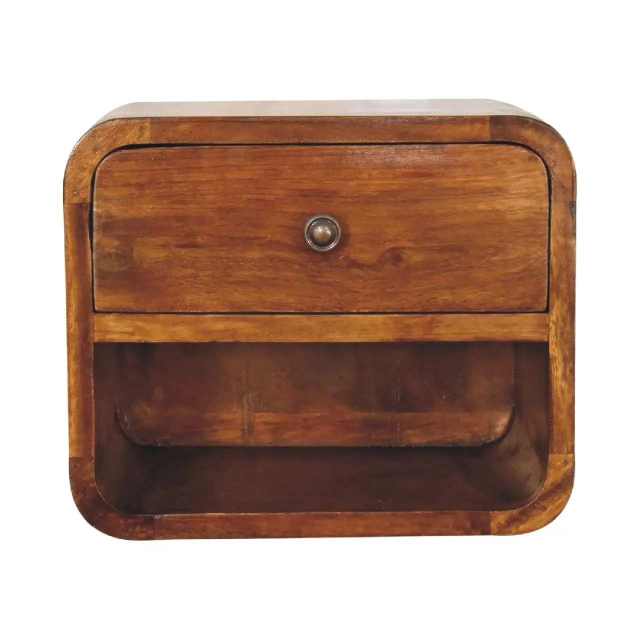 Solid Wood Mini Curve Floating Nightstand 1 Drawer & Open Slot Chestnut Finish Bedroom Storage, Customized