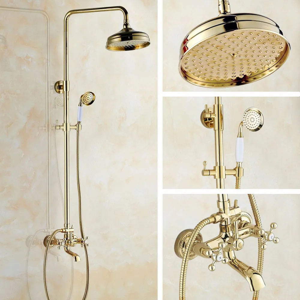 

Gold Color Brass Wall Mounted 8" Rainfall Shower Mixer Set Double Handles Bath Shower Faucet Swivel Tub Spout Ngf351