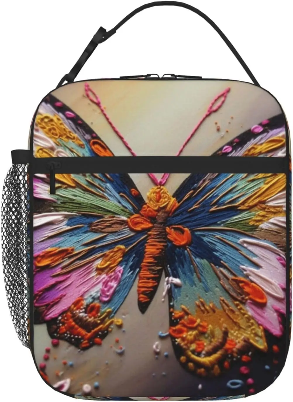 Embroidery Colorful Butterfly Print Insulated Lunch Bag Waterproof Lunch Tote Reusable Cooler Bag For Work Office Picnic Travel