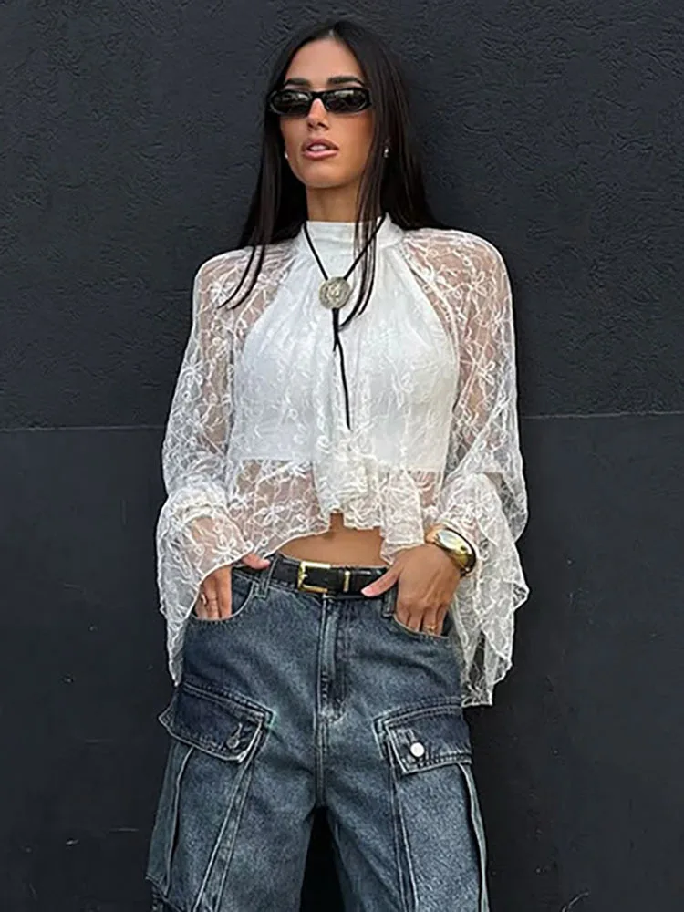 

Fantoye Sexy Lace Jacquard See Through Flare Sleeve Women T-Shirt Turtleneck Loose Crop Tops Winter Elegant Lady Streetwear Tees