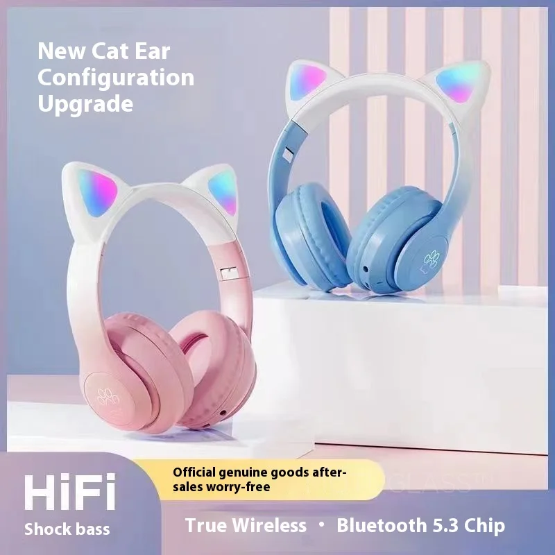 Gradient Color Cat Ear Bluetooth Headphones Wireless Over Ear Headset with Breathing Light for Kids Teens Gaming Music