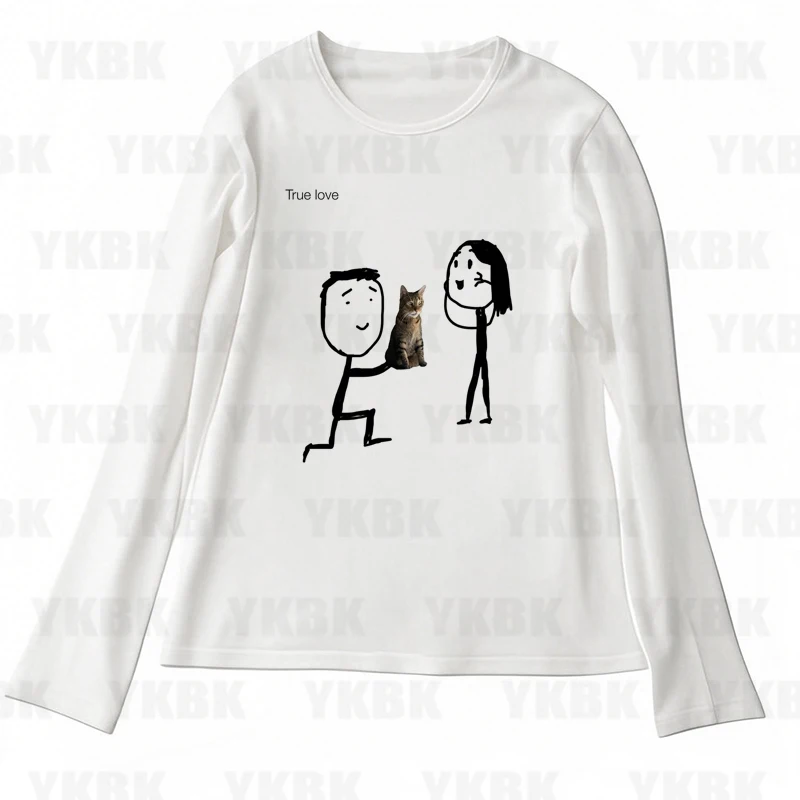 Bedrucktes Langarm-Tanktop T-Shirt Y2K Lässiges Kitty-Design für Damen Süßes Punk Crop Top Harajuku Mode Weste Tee 90er Street Outfits