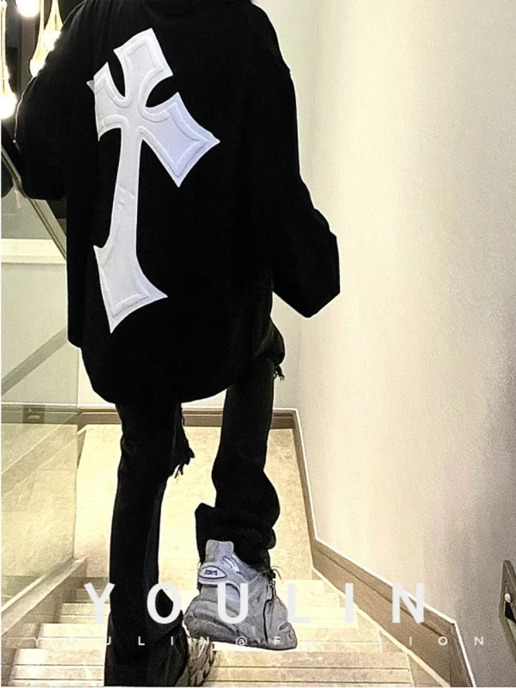 Burgundy High Street Trendy Men's Jacket 2025 American Retro Long Sleeve TShirt Heavyweight Cross Crew Neck Sweatshirt for Fall