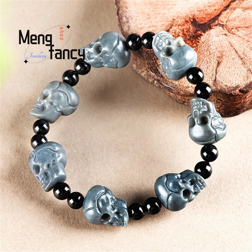 

Authentic Natural Hetian Jade Ash Skull Stone Bracelet Bucket Bead Bracelet Fashion Men's And Women's Personalized Hand Jewelry