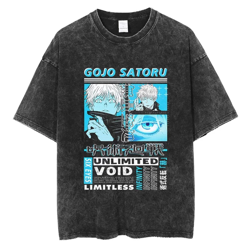 

Jujutsu Kaisen Tshirt Streetwear Washed Black Oversized Short Sleeve Casual Daily Wear Gojo Satoru & Six Eyes Unlimited Void Art