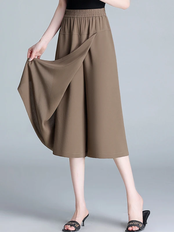 

Женские летние брюки-юбка Slim с высокой талией, широкими штанинами, длиной 7/8, из тонкого ледяного шелка, для повседневной носки, из полиэфирного волокна